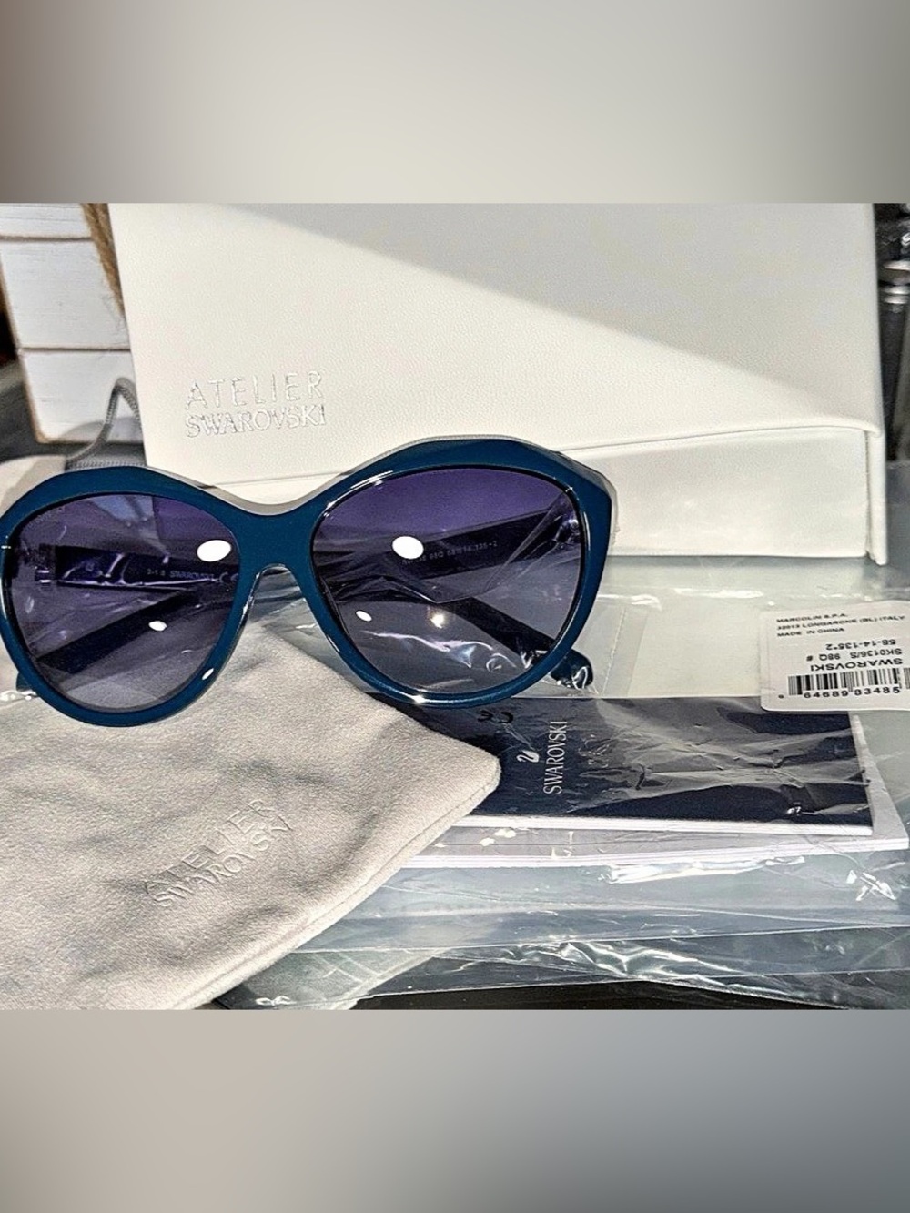 New Atelier Swarovski SW136 Geometric Sunglasses Teal Blue - Unused W/ Case (No